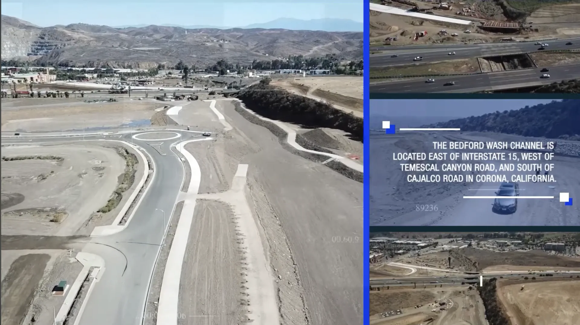 Aerial views of the Bedford Wash Channel project in Corona, California, located east of Interstate 15